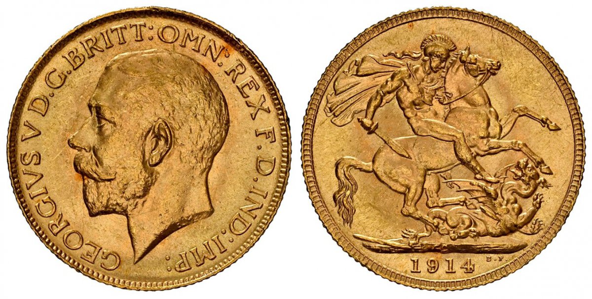 World Coins ("CANADA. George V. (King, 1910-1936). 1914-C AV Sovereign. NGC MS65. Royal Canadian Mint, Ottawa. St. George slaying dragon, mint mark below horses rear hooves. KM 20; SCBC-3997; Fr-2; Hill 223.
Currently the finest known at NGC as of October 2025
Ple)