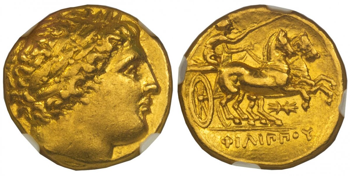 World Coins ("GREEK. KINGDOM OF MACEDON. Philip II. (King, 359-336 BC). Posthumous issue, struck 322-317 BC. AV Stater. NGC AU (About Uncirculated) Strike 5/5 Surface 4/5.  Pella. 18mm. 8.59gm. Laureate head of Apollo, right / ????????. Fast biga right, charioteer hol)