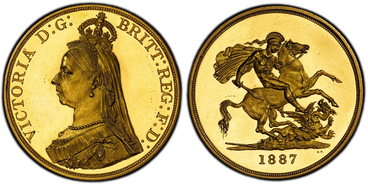 World Coins ("GREAT BRITAIN. Victoria. (Queen, 1837-1901). 1887 AV Five Pounds. PCGS PR63DCAM (Deep Cameo).  VICTORIA D:G: BRITT: REG: F:D:. Bust left wearing small crown and veil; J.E.B. on truncation / St. George slaying the dragon right. KM 769; SCBC-3864; EGC-1308)