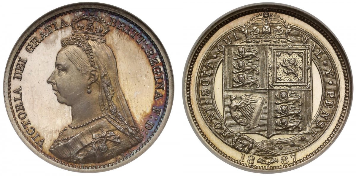 World Coins ("GREAT BRITAIN. Victoria. (Queen, 1837-1901). 1887 AR Sixpence. NGC PR68 Cameo.  Edge: Plain. VICTORIA DEI GRATIA BRITT: REGINA F: D:. Bust left wearing small crown and veil; initials J.E.B. below truncation / HONI. SOIT. QUI MAL. Y. PENSE. Crowned arms w)
