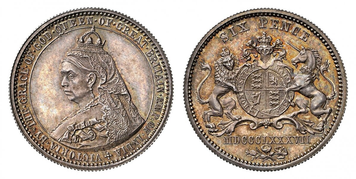 World Coins ("GREAT BRITAIN. Victoria. (Queen, 1837-1901). MDCCCLXXXVII (1887) AR Pattern Sixpence. NGC PR64.  By Joseph Rochelle Thomas with Spink & Son. Edge: Reeded. 3.03gm. +VICTORIA. BY. THE. GRACE. OF. GOD. QUEEN. OF. GREAT. BRITAIN. EMP: OF. INDIA. Crowned veil)