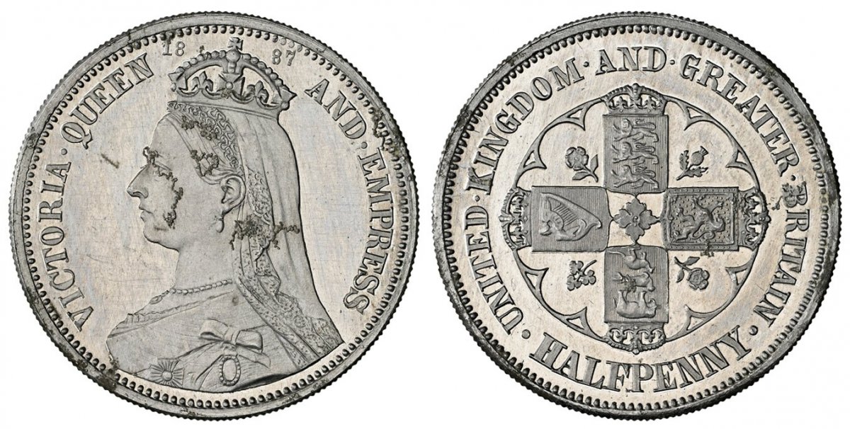World Coins ("GREAT BRITAIN. Victoria. (Queen, 1837-1901). 1887 Aluminum Pattern Halfpenny. NGC PR62 Cameo.  By Adolph Weyl. Edge: Milled. 24mm. 1.96gm. VICTORIA QUEEN AND EMPRESS. Crowned veiled bust, left; crown divides date above / UNITED. KINGDOM. AND. GREATER. BR)