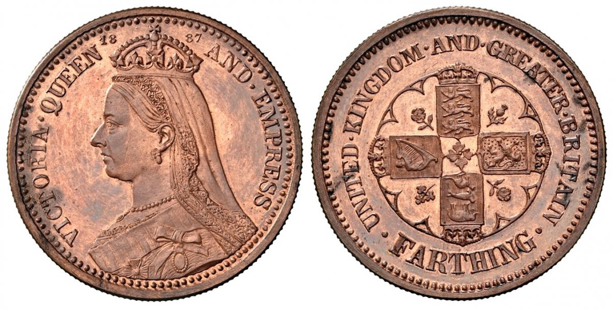 World Coins ("GREAT BRITAIN. Victoria. (Queen, 1837-1901). 1887 CU Pattern Farthing. NGC PR63RB (Red-Brown).  By Adolph Weyl. Edge: Plain. 3.49gm. VICTORIA QUEEN AND EMPRESS. Crowned veiled bust, left; crown divides date above / UNITED. KINGDOM. AND. GREATER. BRITAIN.)