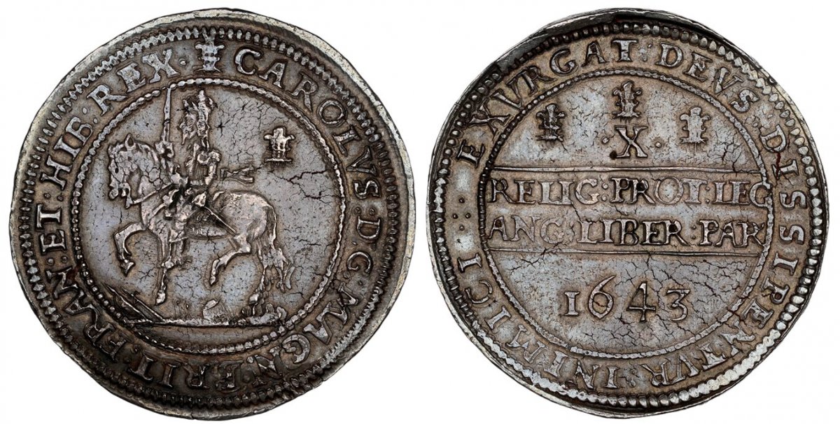 World Coins ("GREAT BRITAIN. England. Charles I. (King, 1625-1649). 1643 AR Half Pound. NGC MS62.  Oxford. 58.41gm. CAROLVS : D : G : MAG N : BRIT : FRAN : ET : HIB : REX ·. Shrewsbury horseman riding left, holding upright sword, trampled arms below, plume behind / EX)
