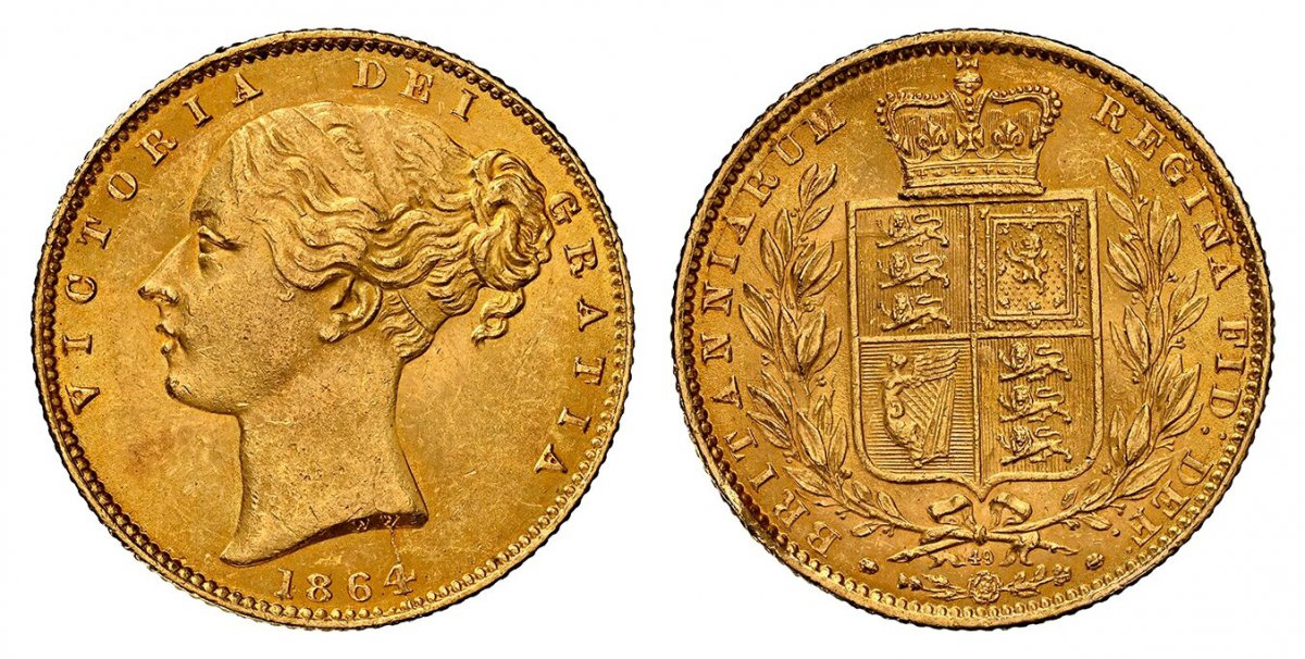 World Coins ("GREAT BRITAIN. Victoria. (Queen, 1837-1901). 1864 AV Sovereign. NGC MS63.  VICTORIA DEI GRATIA. Head, left; W.W. incuse on truncation / BRITANNIARUM REGINA FID: DEF:. Die number 49 below wreath. KM 736.2; SCBC-3853; Marsh 49; MCE 525; Bentley 1038.

Plea)