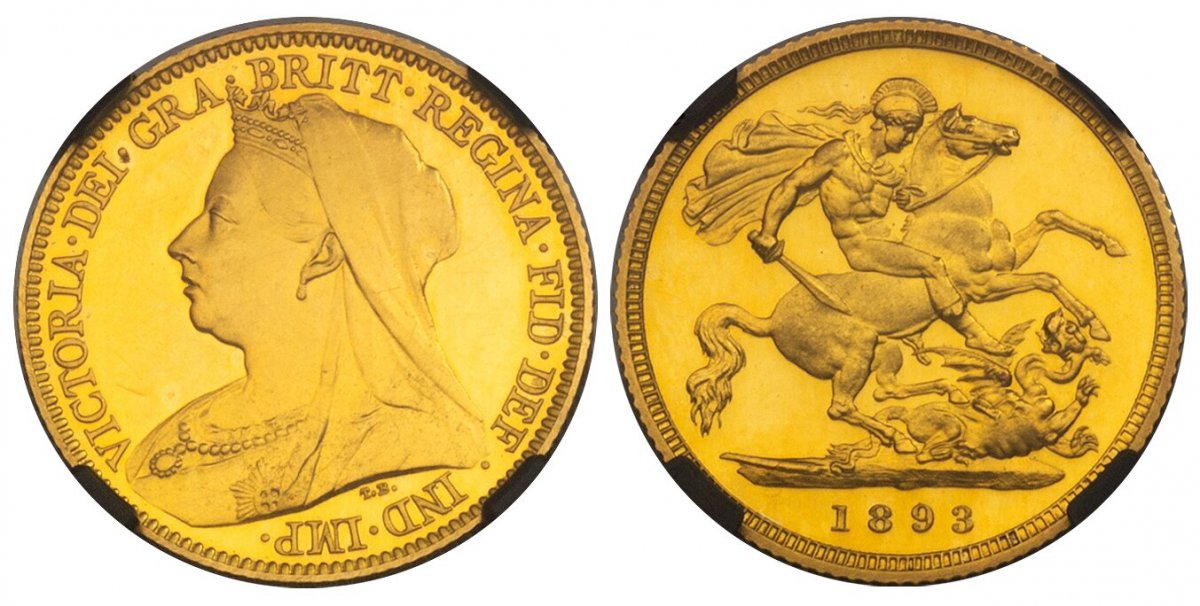 World Coins ("GREAT BRITAIN. Victoria. (Queen, 1837-1901). 1893 AV Half-Sovereign. NGC PR63+UCAM (Ultra Cameo).  VICTORIA · DEI · GRA · BRITT · REGINA · FID · DEF · IND · IMP ·. Mature draped bust left / St. George slaying the dragon right. KM 784. Proof; SCBC-3878; E)