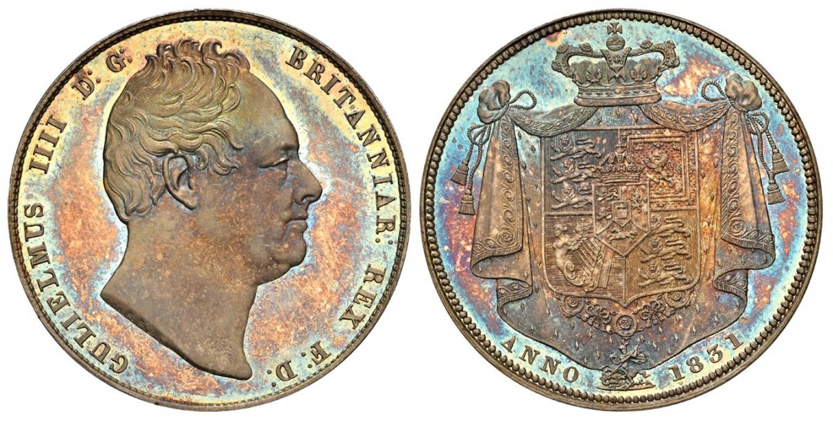 World Coins ("GREAT BRITAIN. William IV. (King, 1830-1837). 1831 AR Halfcrown. NGC PR66.  By William Wyon and Jean-Baptiste Merlen. Edge: Plain. GULIELMUS IIII D: G: BRITANNIAR: REX F:D:. Head right / Arms within crowned mantle. KM 714.1. Proof. Plain edge; SCBC-3834A)