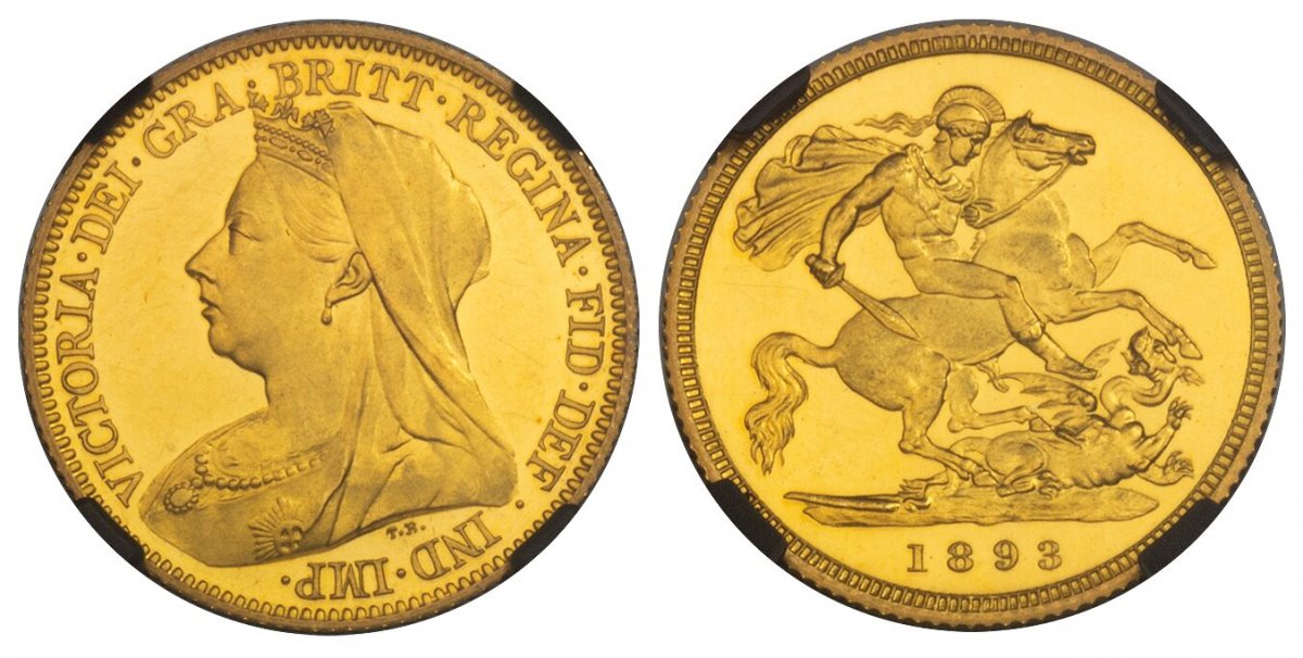 World Coins ("GREAT BRITAIN. Victoria. (Queen, 1837-1901). 1893 AV Half-Sovereign. NGC PR63+UCAM (Ultra Cameo).  3.98gm. VICTORIA · DEI · GRA · BRITT · REGINA · FID · DEF · IND · IMP ·. Mature draped bust left / St. George slaying the dragon right. KM 784. Proof; SCBC)