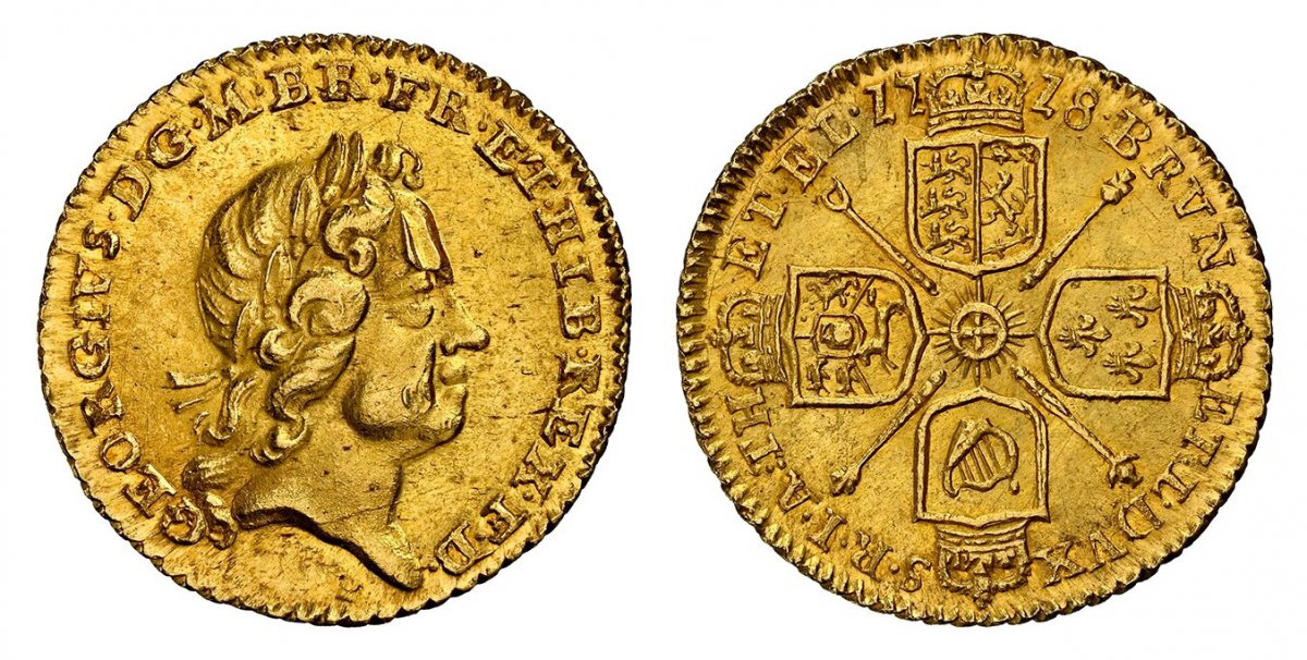 World Coins ("GREAT BRITAIN. George I. (King, 1714-1727). 1718 AV Quarter-Guinea. NGC MS64.  2.09gm. GEORGIVS  · D · G · M · BR · FR · ET · HIB · REX · F · D ·. Laureate head right / Crowned shields in cruciform, scepters at angles. KM 555; SCBC-3638; EGC-550; MCE 277)