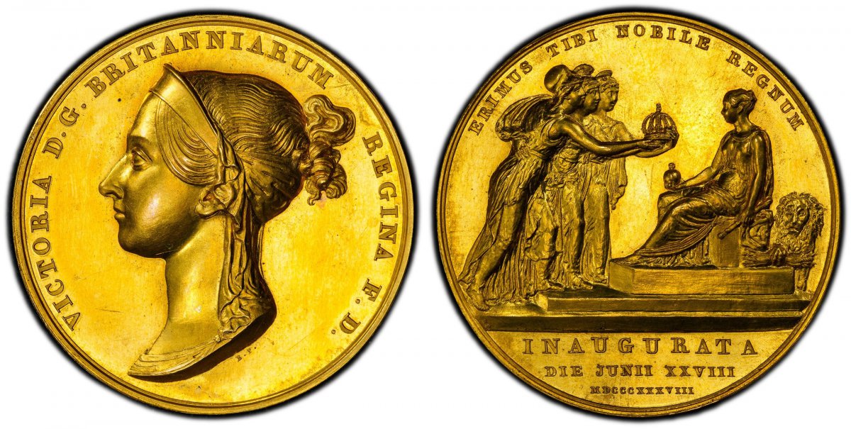 World Coins ("GREAT BRITAIN. Victoria. (Queen, 1837-1901). 1838 AV Coronation Medal. PCGS SP64.  By Benedetto Pistrucci. Royal Mint. Edge: Plain. 36mm. 31.42gm. VICTORIA D.G. BRITANNIARUM REGINA F.D. Bandeau draped bust of Victoria left / ERIMUS TIBI NOBILE REGNUM. Qu)