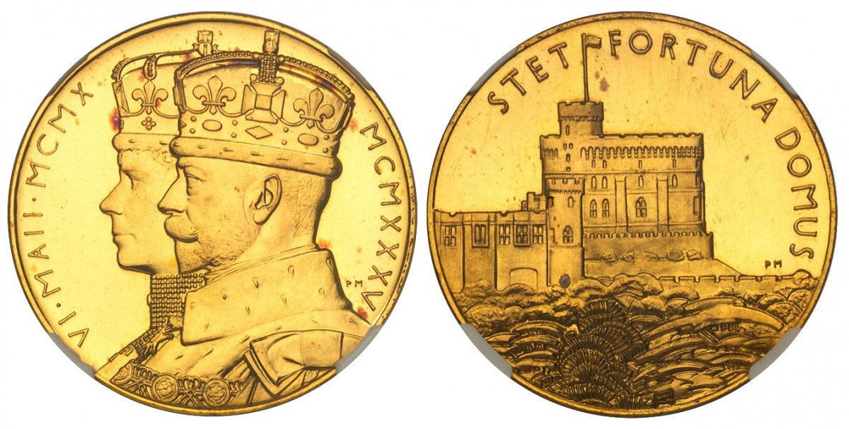 World Coins ("GREAT BRITAIN. George V. (King, 1910-1936). 1935 AV Medal. NGC PR66 Cameo.  By Percy Metcalf. Royal MInt. Edge: Plain. 32mm. 22.88gm. VI • MAII • MCMX–  MCMXXXV. Conjoined crowned busts of the King and Queen Mary left / STET FORTUNA DOMUS. View of Windso)