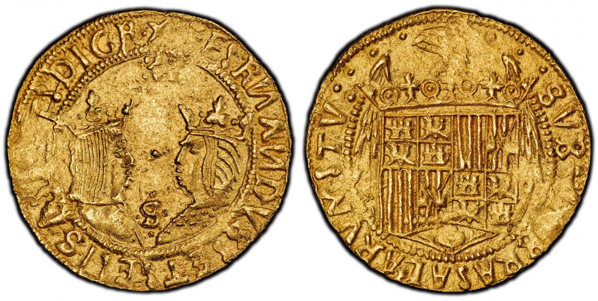 World Coins ("SPAIN. Ferdinand and Isabella. (King and Queen, 1475-1504). 1476-1516 (ND)-S AV 2 Excelentes. PCGS MS62.  Seville mint. 7.00gm. Crowned busts facing, an S between and a cross with dots above / An eagle, head left, supporting quartered arms of the Catholi)