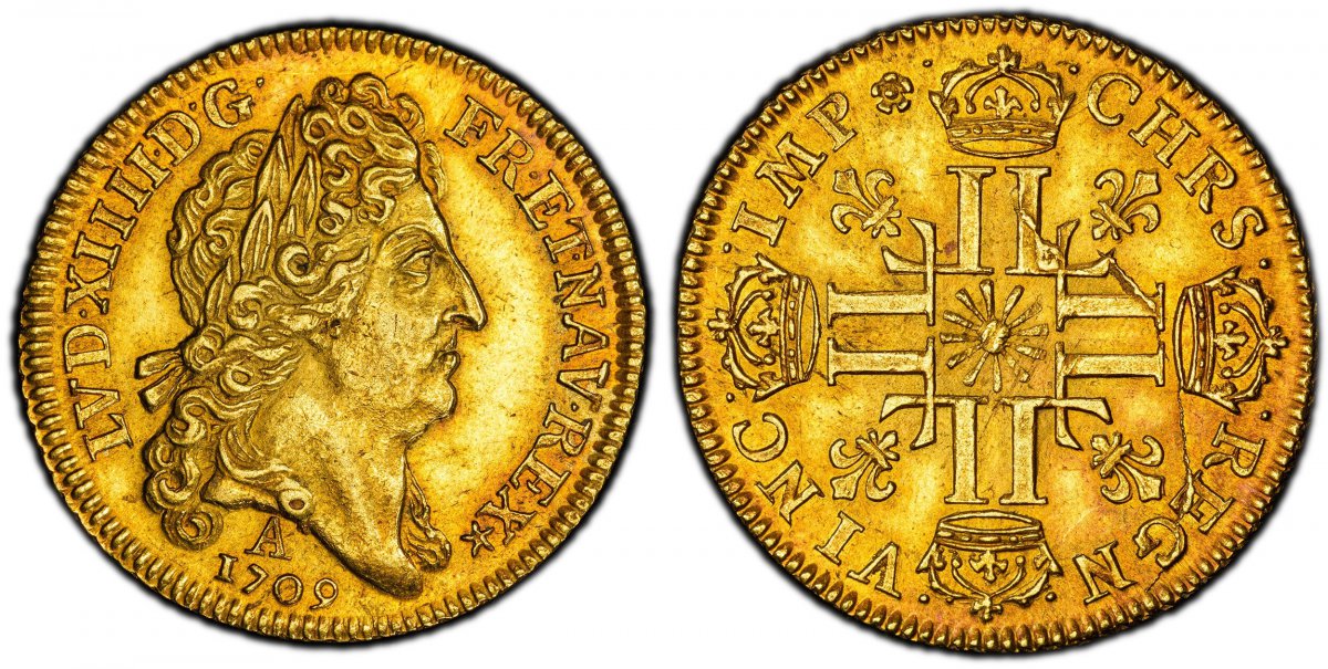 World Coins ("FRANCE. Louis XIV. (King, 1643-1715). 1709-A AV Louis dOr. PCGS AU58. Paris. 8.15gm. LVD · XIIII · D · G · FR · ET · NAV · REX. Laureate head right / CHRS · REGN · VINC · IMP. Crowned back to back Ls with flower in center square, fleur-de-lis at angle)