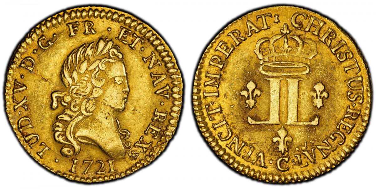 World Coins ("FRANCE. Louis XV. (King, 1715-1774). 1721-C AV Louis dOr. PCGS Genuine - UNC Details Cleaned. By Norbert Roettiers. Caen. 9.60gm. LUD · XV · D · G · FR · ET · NAV · REX ·. Laureate head right / CHRISTUS REGNAT VINCIT IMPERAT. Crowned double L monogr)