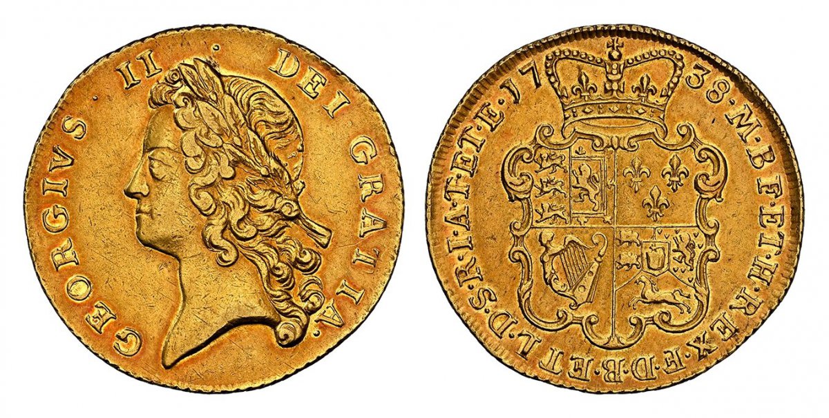 World Coins ("GREAT BRITAIN. George II. (King, 1727-1760). 1738 AV Two Guineas. NGC AU53.  31mm. 16.66gm. GEORGIVS · II · - DEI · GRATIA ·. Young laureate head left / F · D · B · ET · L · D · S · R · I · A · T · ET · E · - M · B · F · ET · H · REX ·. Crowned 4-fold ar)