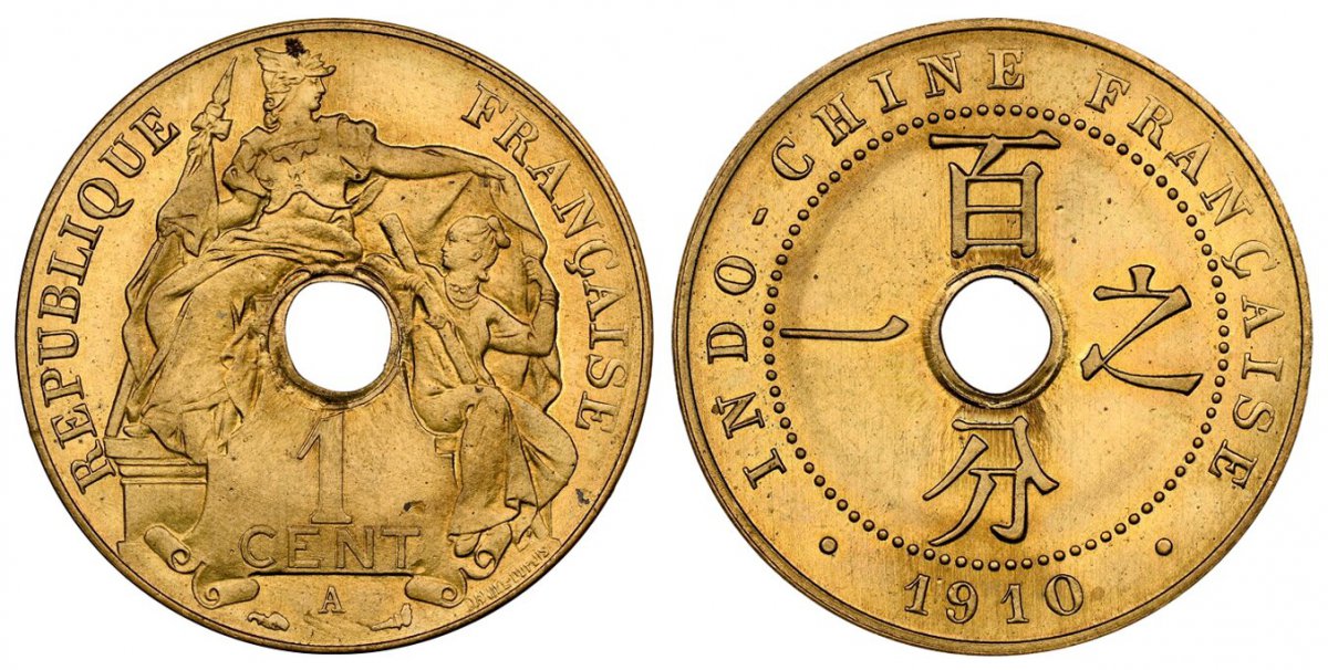 World Coins ("FRENCH INDO-CHINA. 1910-A Copper-Nickel Essai Cent. NGC MS66.  By Daniel Dupuis. Paris. 26mm. 4.67gm. REPUBLIQUE FRANÇAISE. Allegories of the Republic around central hole, denomination below / INDO-CHINE FRANÇAISE. Four characters around central hole. KM)