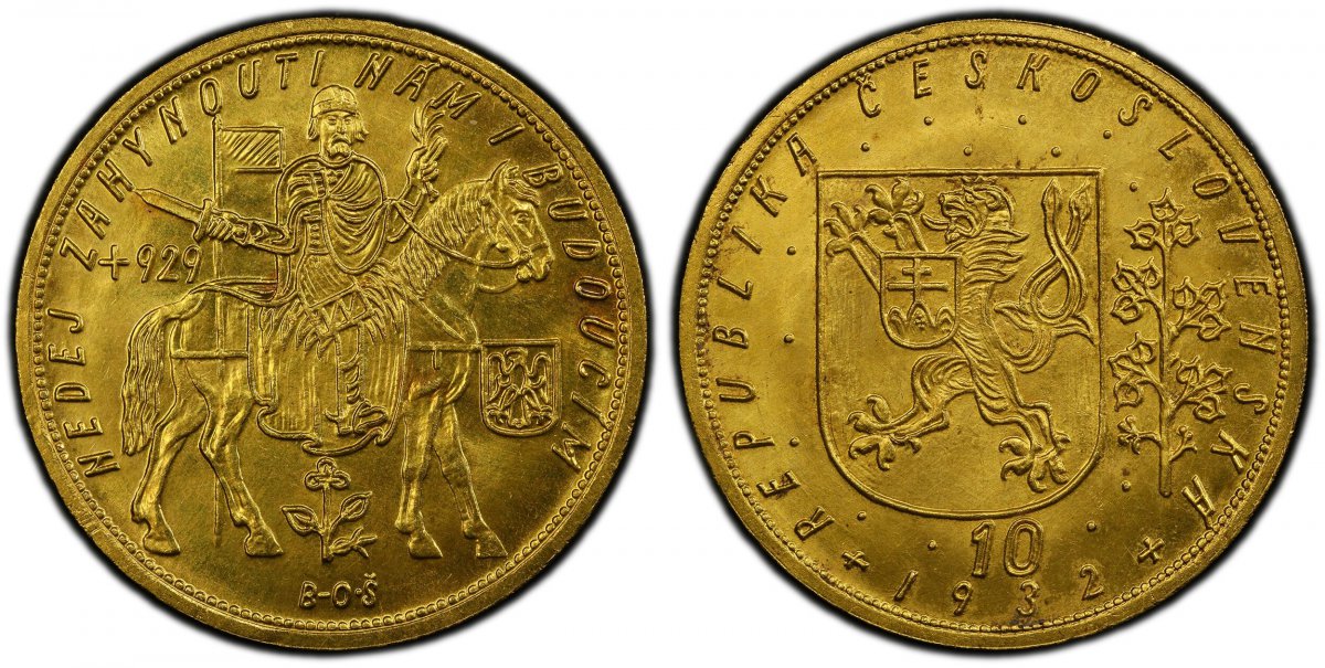 World Coins ("CZECHOSLOVAKIA. Republic. (1918-1939). 1932 AV 10 Ducats. PCGS MS64. By J. Benda (Obv.) & O. Spaniel (Rev.). Kremnitz. Edge: Milled. 42mm. 34.88gm. REPUBLIKA ?ESKOSLOVENSKÁ. Czech lion with Slovak shield, denomination and date below / NEDEJ·ZAHYNOUTI·NÁ)