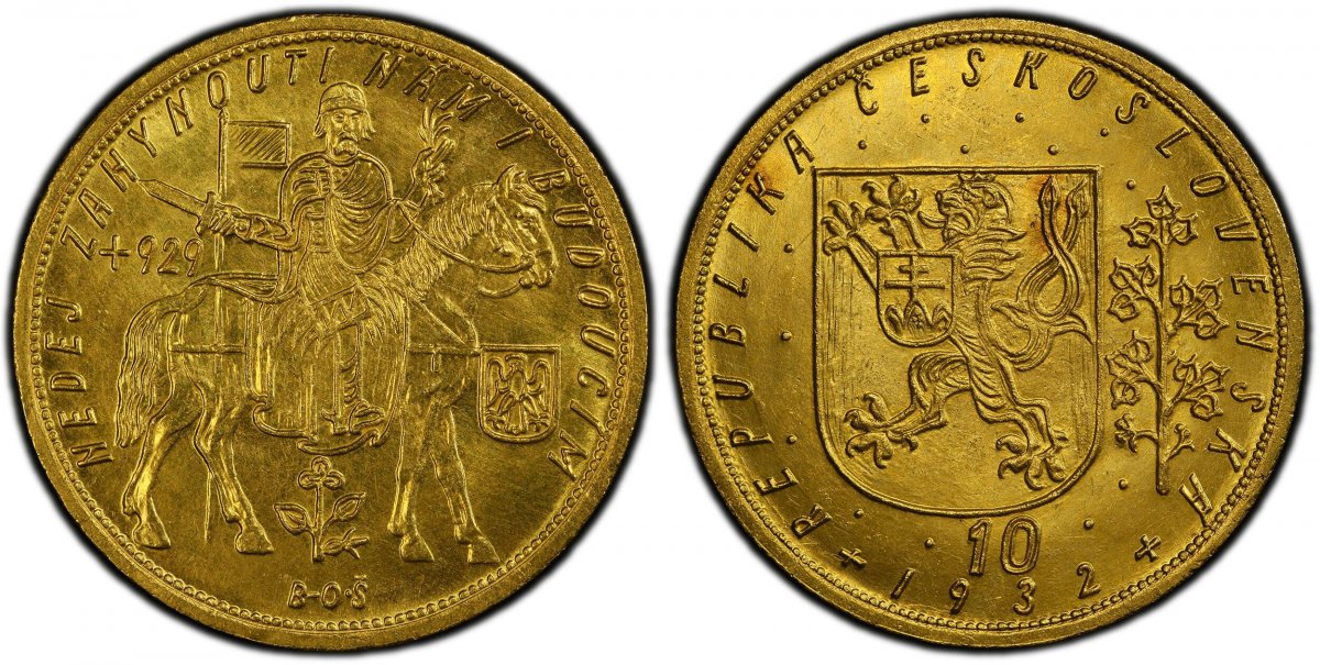 World Coins ("CZECHOSLOVAKIA. Republic. (1918-1939). 1932 AV 10 Ducats. PCGS MS64. By J. Benda (Obv.) & O. Spaniel (Rev.). Kremnitz. Edge: Milled. REPUBLIKA ?ESKOSLOVENSKÁ. Czech lion with Slovak shield, denomination and date below / NEDEJ·ZAHYNOUTI·NÁM·I·BUDOUCÍM/ +)