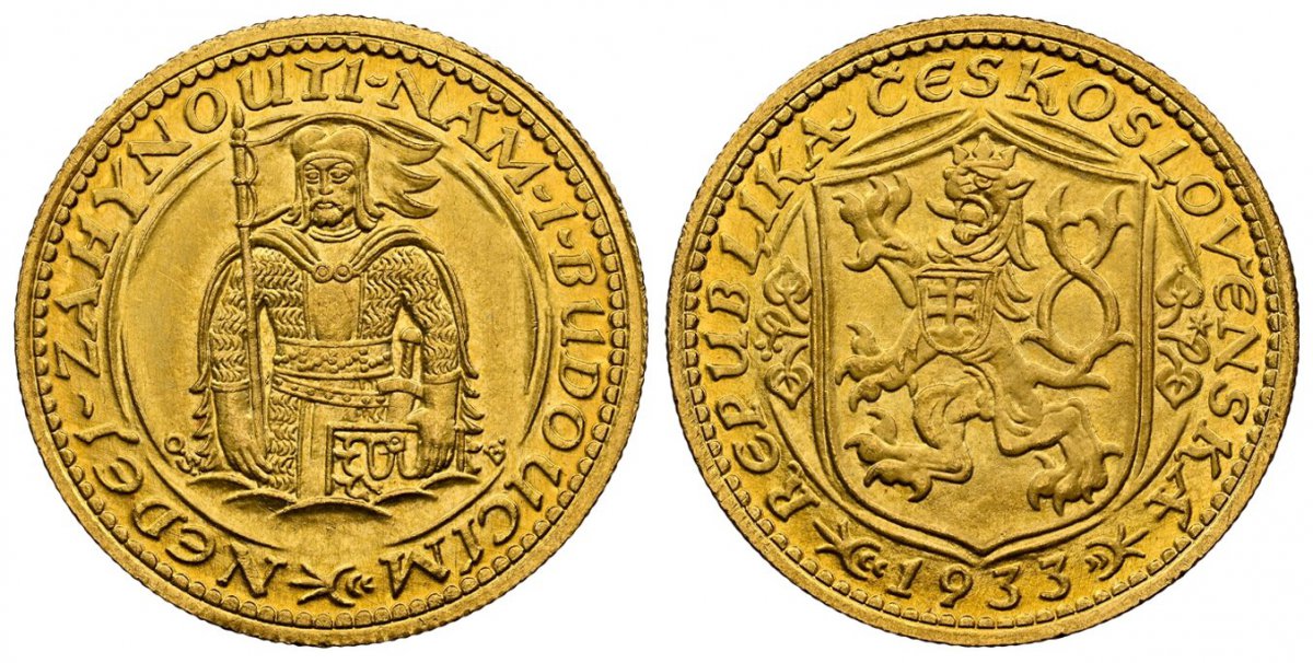 World Coins ("CZECHOSLOVAKIA. Republic. (1918-1939). 1933 AV Ducat. NGC MS67. By J. Benda (Obv.) and O. Spaniel (Rev.). Kremnitz. Edge: Milled. Czech lion with Slovak shield, date below / Duke Wenceslas (Vaclav) half-length figure facing. KM 8; Fr.-2; Novotny 16; Sch)