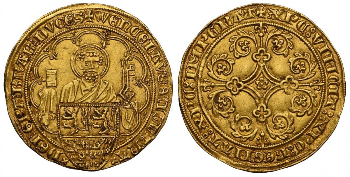 World Coins ("BELGIUM. Brabant. Joanna and Wenceslas. (Duchess and Duke, 1354-1383). (1355-1383) ND AV Pieter dOr. NGC MS61. Leuven (Louvain). 4.10gm. Facing nimbate bust of St. Peter holding a book and key; shield with quatered arms of Limburg, Brabant and Luxembur)