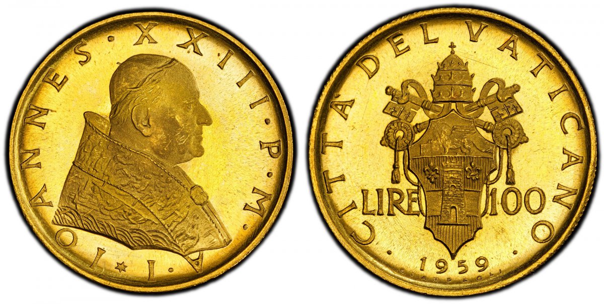 World Coins ("VATICAN CITY. John XXIII. 1959 / Anno I AV 100 Lire. PCGS MS67.  Bust right / Crowned shield divides value. KM 66; Fr.-292.

From a reported mintage of 3,000 pieces.

Please use this link to verify the PCGS certification number <a href=""http://www.pcgs.)