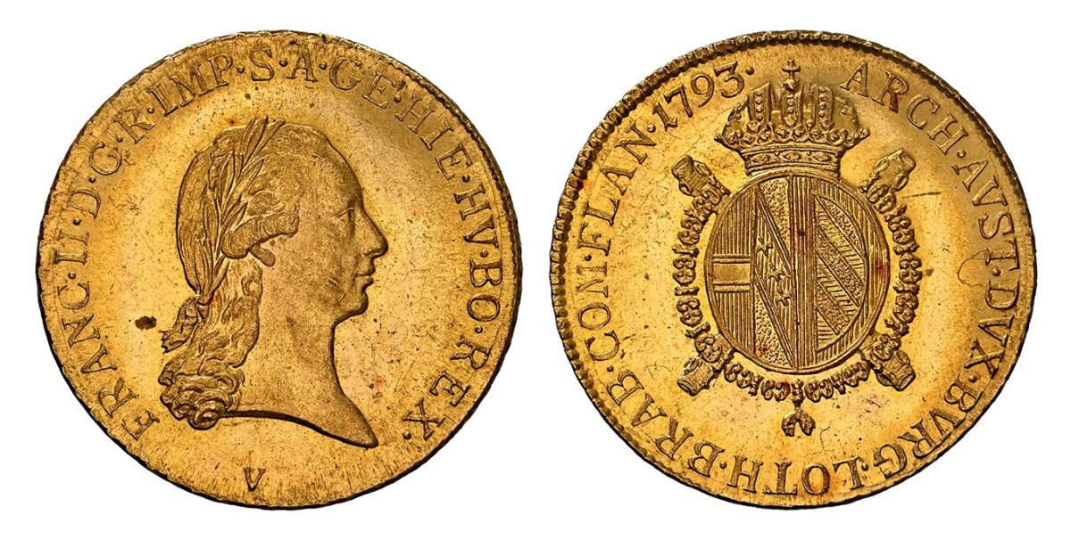 World Coins ("AUSTRIAN NETHERLANDS. Franz II. 1793-V AV 1/2 Souverain dOr. NGC MS63. 5.59gm. FRANC · II · D · G · R · IMP · S · A · GE · HIE · HV · BO · REX ·. Head right / ARCH · AVST · DVX · BVRG · LOTH · BRAB · COM · FLAN ·. Crowned arms within Order chain. KM)