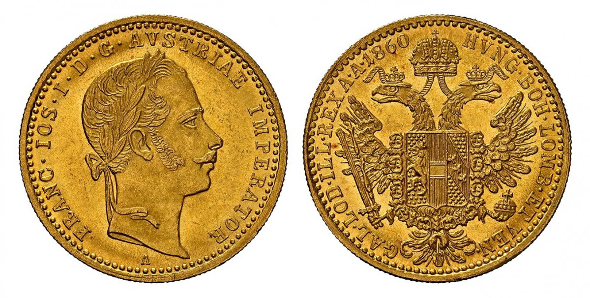 World Coins ("AUSTRIA. Franz Joseph I. 1860-A AV Ducat. NGC MS63+. Vienna. 3.50gm. Laureate head right / Crowned imperial double eagle. KM 2264; Frühwald 1195.
Please use this link to verify the NGC certification number <a href=""https://www.ngccoin.com/certlookup/8)