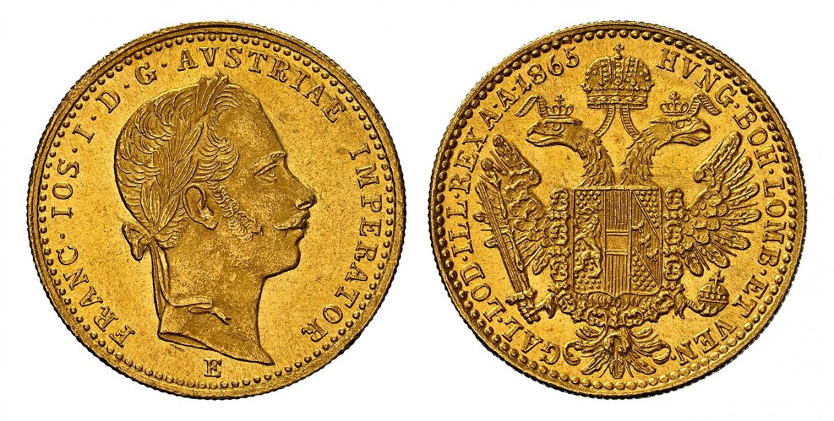 World Coins ("AUSTRIA. Franz Joseph I. 1865-E AV Ducat. NGC MS63. Karlsburg. 3.50gm. Laureate head right / Crowned imperial double eagle. KM 2264; Frühwald 1217.
Please use this link to verify the NGC certification number <a href=""https://www.ngccoin.com/certlookup)