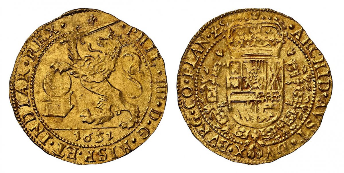 World Coins ("SPANISH NETHERLANDS. Flanders. 1651 AV Souverain dOr, Lion dOr. NGC MS62.  5.51gm. Crowned lion with sword and shield left / ...BVRG. CO. FLAN. Z. Crowned shield of Philip IV in fleece collar. KM 32; Delmonte 561; Fr.-227; Vanhoudt 638 BG; Vanhoudt/Sau)