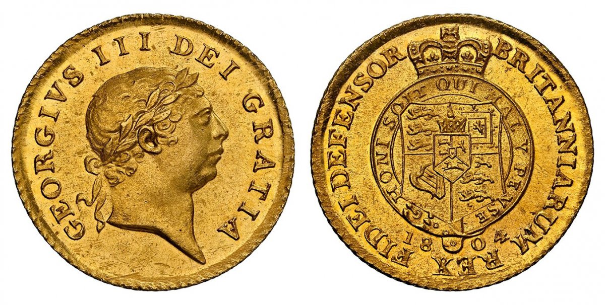 World Coins ("GREAT BRITAIN. George III. (King, 1760-1820). 1804 AV Half-Guinea. NGC MS63.  London. GEORGIVS III DEI GRATIA. Laureate head right / BRITANNIARUM REX FIDEI DEFENSOR. Crowned arms within circular legend. KM 651; SCBC-3737; Fr.-364; Schl.-83.

Please use t)