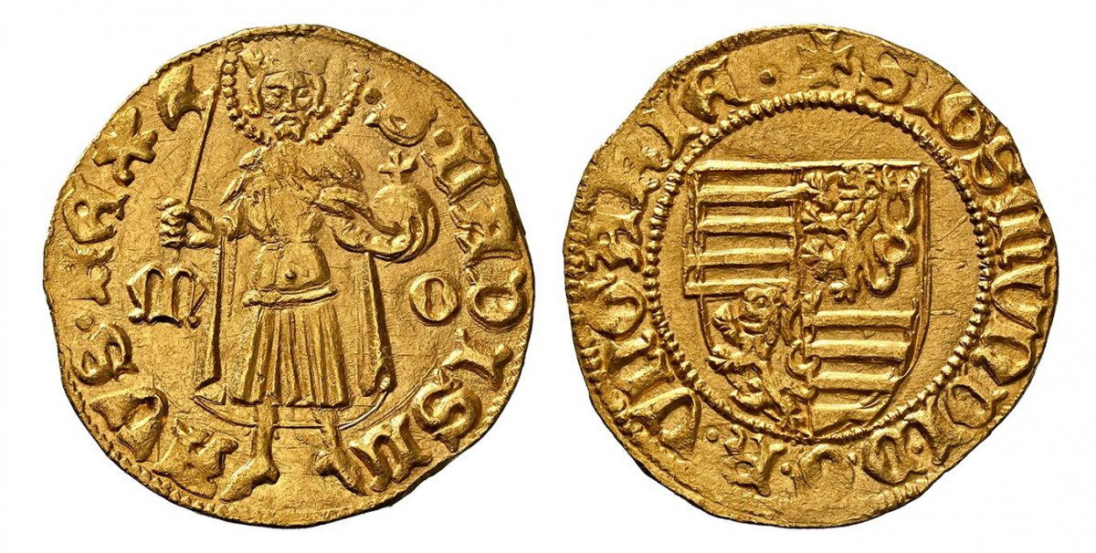 World Coins ("HUNGARY. Sigismund. (King, 1387–1437). (1404-1405) ND AV Goldgulden. NGC MS64.  3.54gm. Nimbate St. Ladislas standing facing, holding ax and orb; M - O in fields to left and right / Quartered Arms with rampant lion in two quarters within beaded circle. F)