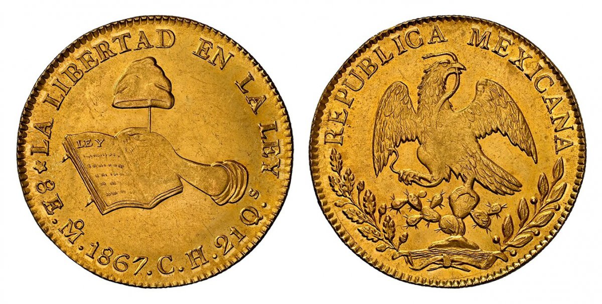 World Coins ("MEXICO. 1867-Mo CH AV 8 Escudos. NGC MS62.  Mexico City. 23.63gm. REPUBLICA MEXICANA. Facing eagle, snake in beak / LA LIBERTAD... Hand holding cap on stick, open book. KM 383.1; Fr.-64; Grove 5177.

Please use this link to verify the NGC certification n)