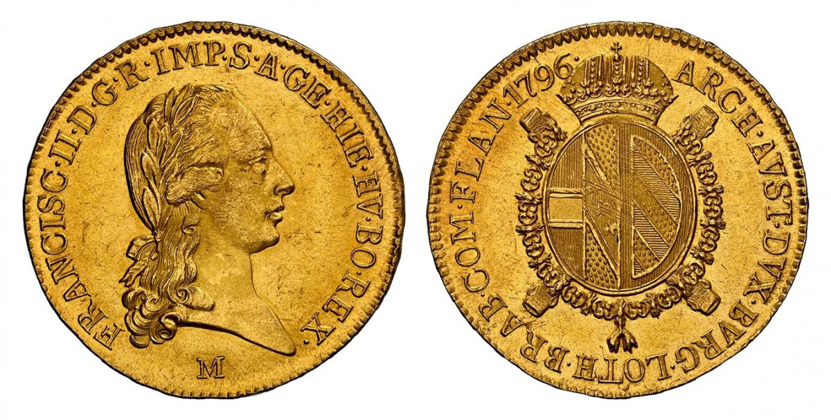 World Coins ("ITALIAN STATES. Milan. Franz II. 1796-M AV Sovrano. NGC MS64.  Milan. 11.08gm. FRANCISC. II. D.G. R. IMP. S. A. GE. HIE. HV. BO. REX. Laureate bust to right, mintmark below / ARCH. AVST. DVX. BVRG. LOTH. BRAB. COM. FLAN. Crowned oval shield of Austro-Bur)