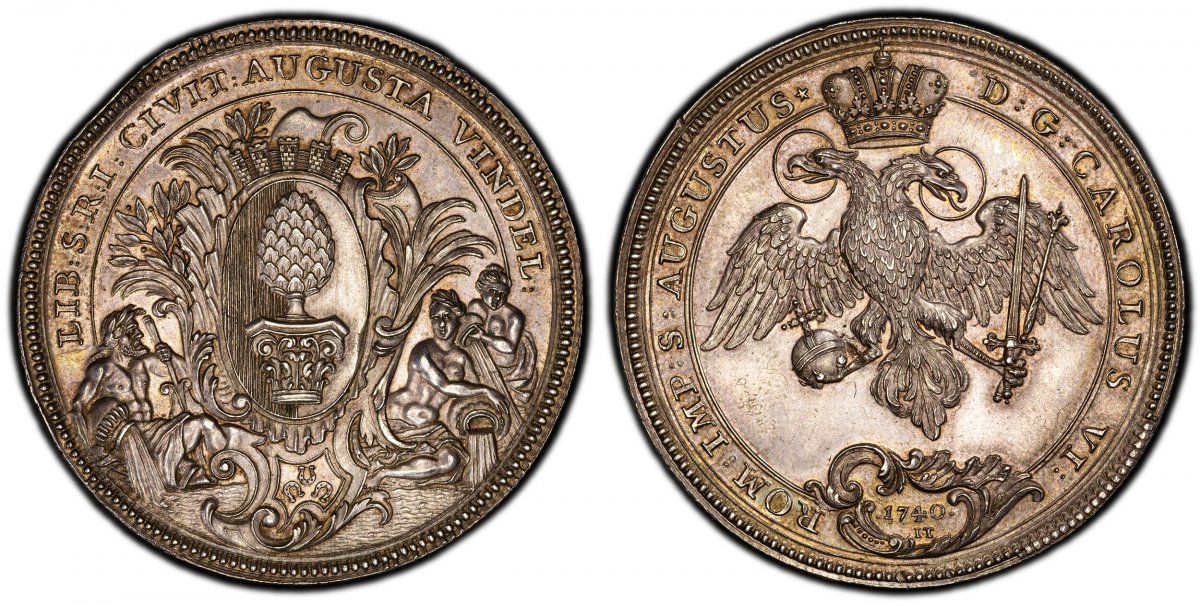 World Coins ("GERMAN STATES. Augsburg. 1740 IT AR 2 Thaler. PCGS MS64.  By Jonas Thiébaud. 58.51gm. LIB: S: R: I: CIVIT: AUGUSTA VINDEL:. Crowned arms in branches with river gods at sides / D: G: CAROLUS VI: - ROM: IMP: S: AUGUSTUS ·. Titles of Karl VI. KM 146; Dav.-1)