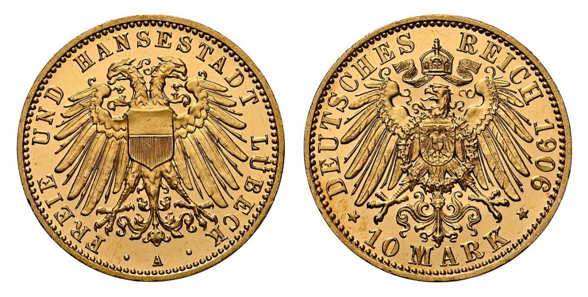 World Coins ("GERMAN STATES. Lubeck. 1906-A AV 10 Mark. NGC PR64 Ultra Cameo.  Berlin. Edge: ~ * ~. Double imperial eagle with divided shield on breast / Crowned imperial eagle, shield on breast. KM 214; Jaeger 228.

Please use this link to verify the NGC certificatio)