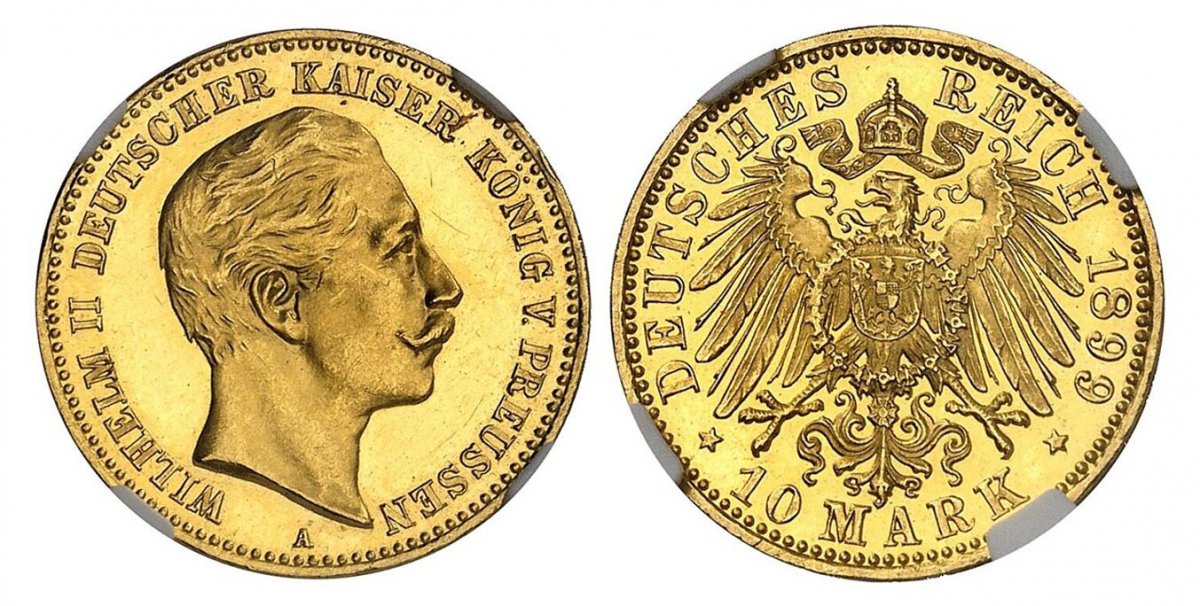 World Coins ("GERMAN STATES. Prussia. Wilhelm II. (Kaiser, 1888-1918). 1899-A AV 10 Mark. NGC PR64 Ultra Cameo.  Berlin. Edge: ~ * ~. WILHELM II DEUTSCHER KAISER KONIG V. PREUSSEN. Head right / DEUTSCHES REICH date, 10 MARK below. Crowned imperial eagle, type III. KM )