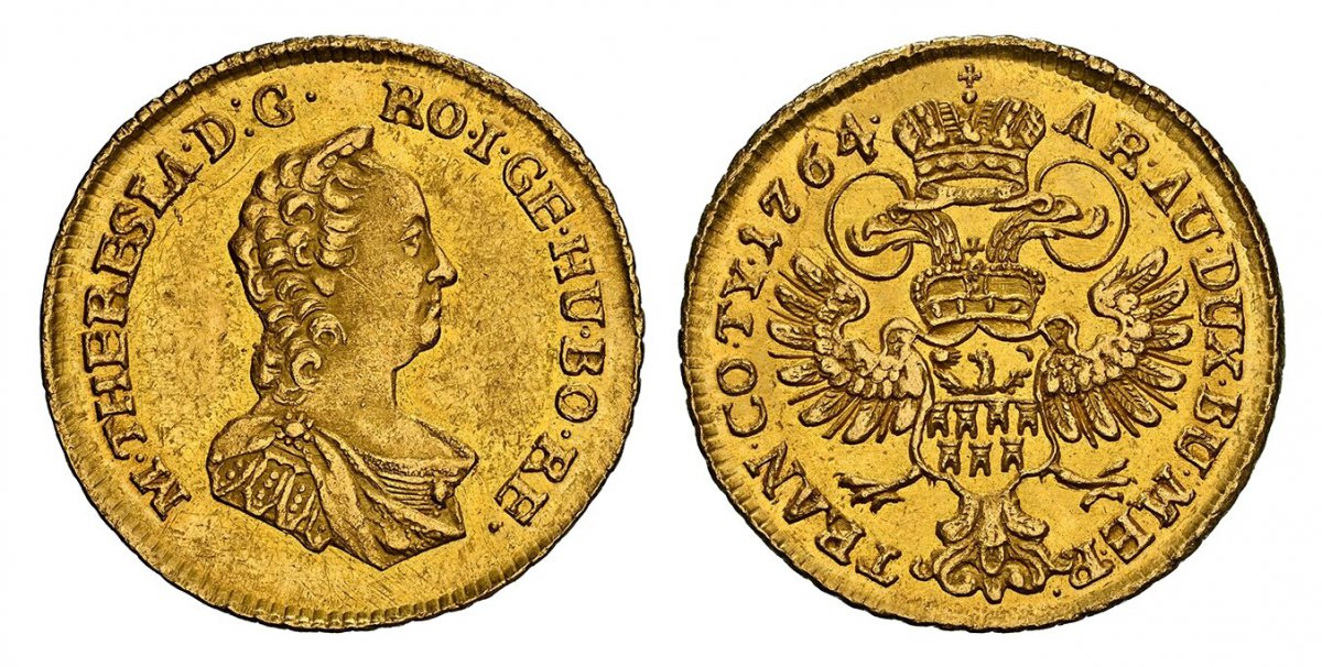 World Coins ("TRANSYLVANIA. Maria Theresia. (Holy Roman Empress, 1740-1780) . 1764 AV 2 Ducats. NGC MS61.  25mm. 6.98gm. M•THERESIA•D:G• RO•I•GE•HU•BORE•. Maria Theresa right / AR•AU•DUX•BU•MER - TRAN•CO•TY• (date). Crowned double headed eagle. KM 631; Eypeltauer 348a)
