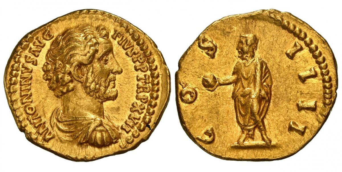 World Coins ("ROMAN IMPERIAL.  Antoninus Pius. (Emperor, 138-161 AD). Struck 152-153 AD. AV Aureus. NGC Ch. AU (Choice About Uncirculated) Strike 5/5 Surface 4/5 Fine Style.  7.18gm. ?NTONINVS ?VG PI VS P P TR P XVII,. Draped and cuirassed bare head bust, right / COS )