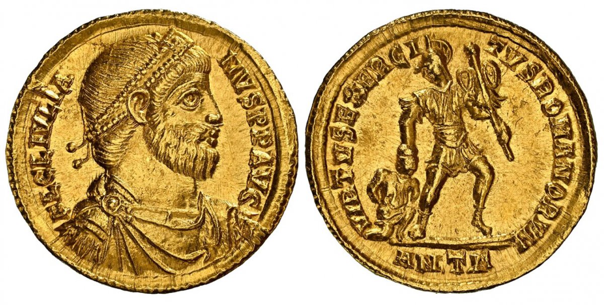 World Coins ("ROMAN IMPERIAL.  Julian II. (Emperor, 360-363 AD). Struck 361-363 AD. AV Solidus. NGC Ch. AU (Choice About Uncirculated) Strike 5/5 Surface 4/5.  Antioch. 21mm. 4.53gm. FL CL IVLIANVS PF AVG. Diademed, draped and cuirassed bust right / VIRTVS EXERCITVS R)