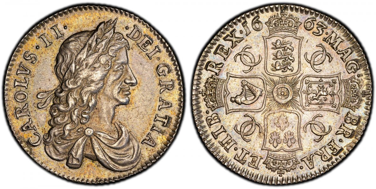 World Coins ("GREAT BRITAIN. England. Charles II. (King, 1660-1685). 1663 AR Shilling. PCGS MS63.  London. 25mm. 5.88gm. CAROLVS•II• - •DEI•GRATIA. Laureate, draped first bust, right / MAG - BR•FRA• - ET•HIB - REX• (date) • . Crowned cruciform arms with linked Cs in )