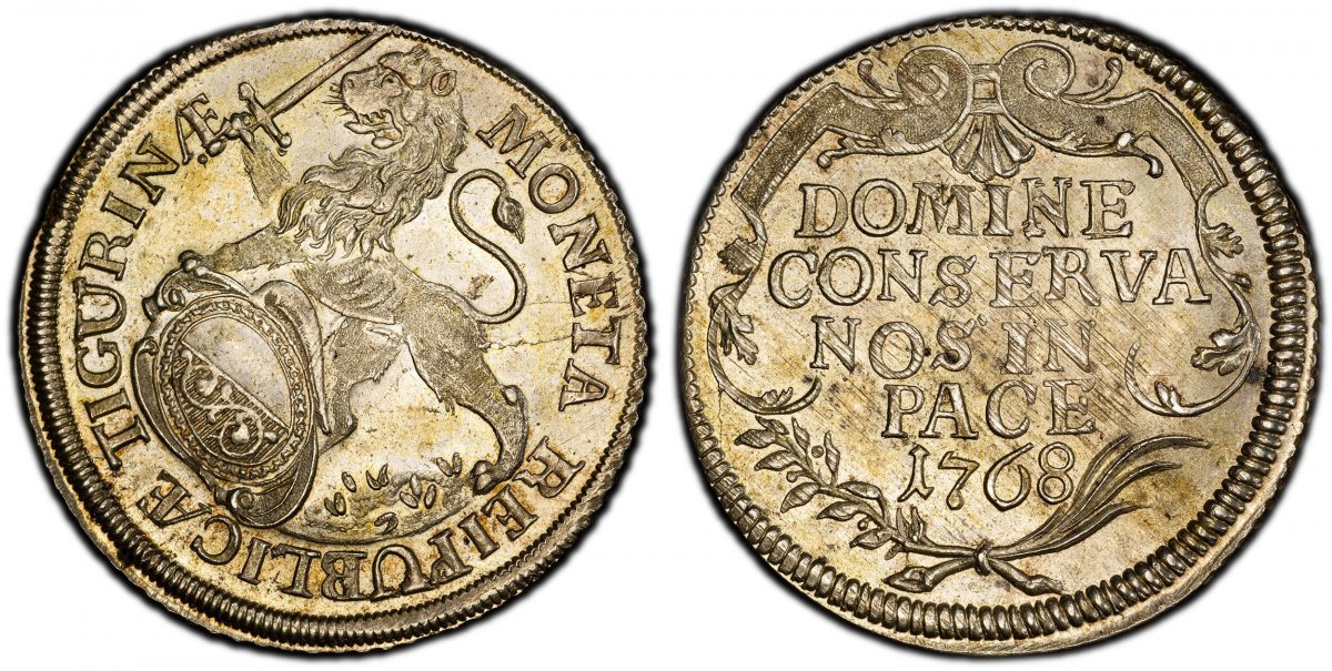 World Coins ("SWISS CANTONS. Zurich. 1768 AR Thaler. PCGS MS63.  40mm. 26.55gm. MONETA REIPUBLICÆ TIGURINÆ ·. Oval arms of Urich in baroque frame, supported by rampant lion at right / DOMINE/CONSERVA/NOS IN/PACE, date within cartouche, angel head above. KM 150; D-1789)