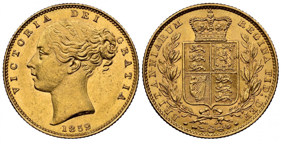 World Coins ("GREAT BRITAIN. Victoria. 1852 AV Sovereign. NGC MS62.  VICTORIA DEI GRATIA. Head left / BRITANNIARUM REGINA FID: DEF:. Without die number. KM 736.1; SCBC-3852C; Fr.-387e; Marsh-35.

Please use this link to verify the NGC certification number <a href=""ht)