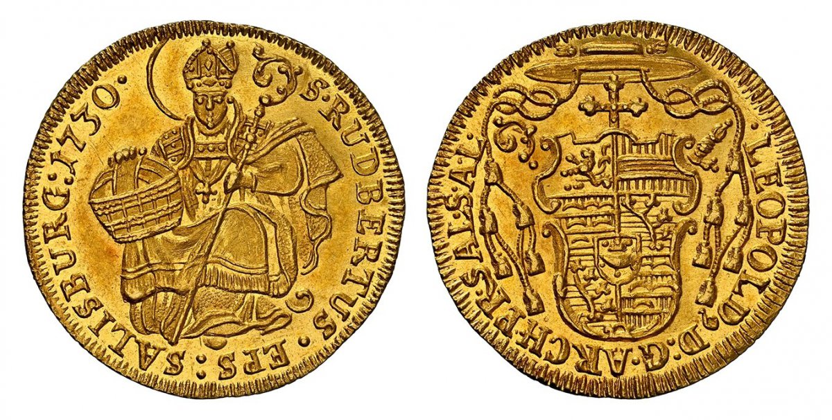 World Coins ("AUSTRIAN STATES. Salzburg. Leopold Anton Eleutherius of Firmian. (Archibishop, 1727-1744). 1730 AV Ducat. NGC MS64. 3.49gm. LEOPOLD ... Cardinals hat above pear-shaped shield / S: RUDBERTUS · EPS · SALISBURG ·. St. Rupert. KM 323; Fr.-849; Probszt 2109)