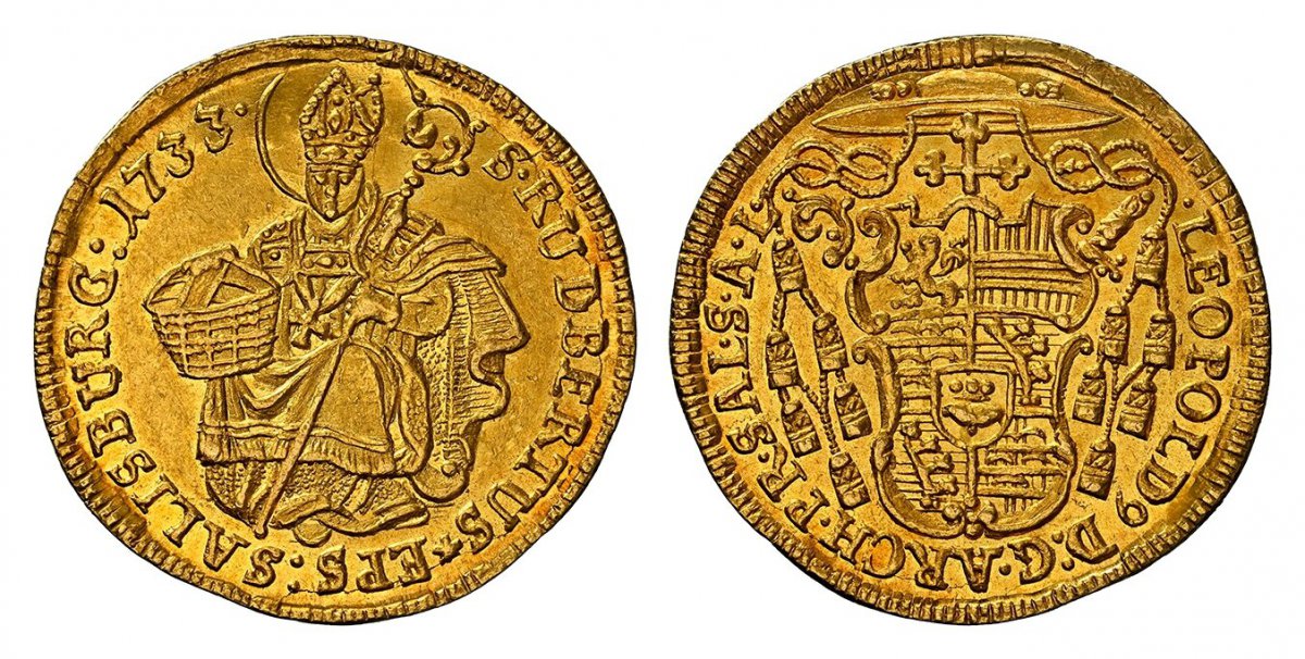 World Coins ("AUSTRIAN STATES. Salzburg. Leopold Anton Eleutherius of Firmian. (Archibishop, 1727-1744). 1733 AV Ducat. NGC MS63. 3.43gm. LEOPOLD ... Cardinals hat above pear-shaped shield / S: RUDBERTUS · EPS · SALISBURG ·. St. Rupert. KM 323; Fr.-849; Probszt 2112)