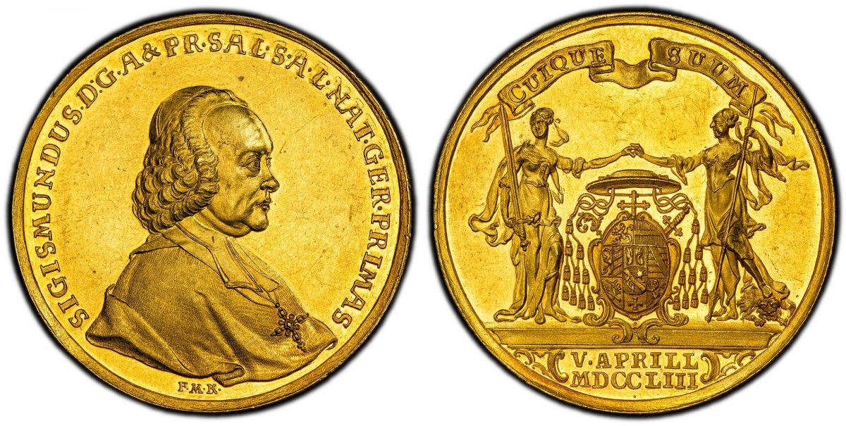 World Coins ("AUSTRIAN STATES. Salzburg. Sigismund III. (Prince-archbishop, 1753-1771). 1753 AV 12 Ducats. PCGS MS61. By Franz Matzenkopf (dies). 42.3mm. 41.67gm. SIGISMUNDUS D G A & PR SAL S A L NAT GER PRIMAS. Bust of Sigismund III, right; signed F.M.K. / CUIQUE - )