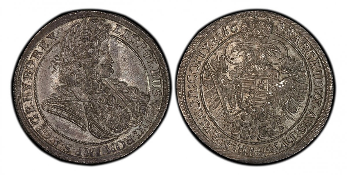 World Coins ("HUNGARY. Leopold I. 1698-KB AR Thaler. PCGS MS64.  Kremnitz. Laureate armored bust, right / Crowned imperial eagle with shield over breast holding scepter and sword. KM 214.8; Dav.-3264; Huszár 1374; Herinek 742; Unger 1022.

Please use this link to veri)