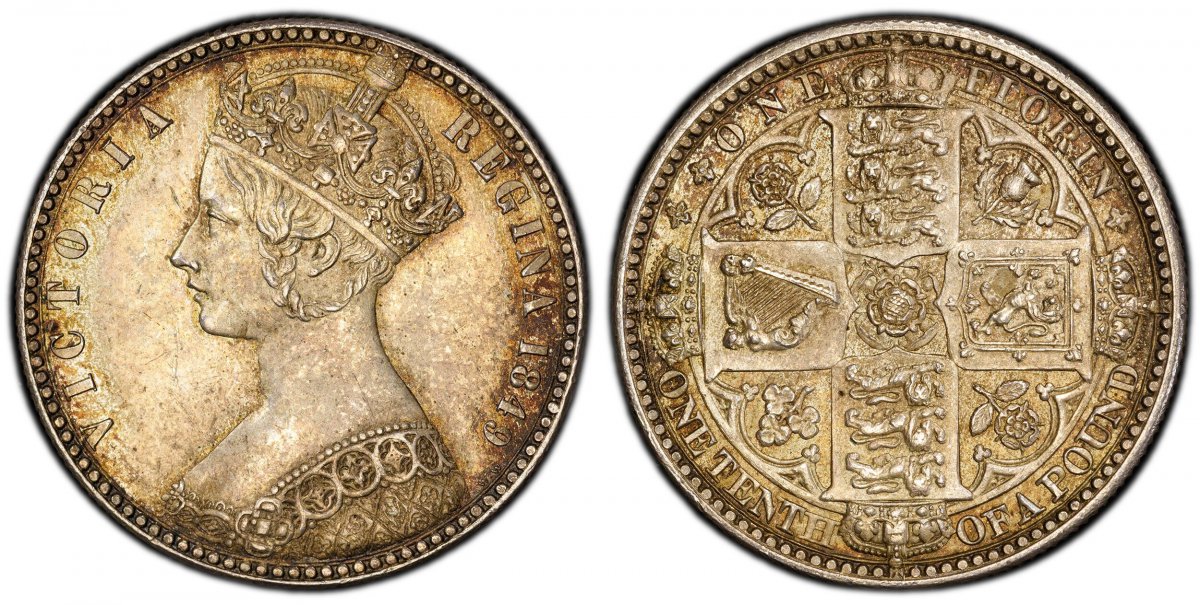World Coins ("GREAT BRITAIN. Victoria. (Queen, 1837-1901). 1849 AR Gothic Florin, Two Shillings. PCGS MS63.  VICTORIA REGINA. Crowned bust left / Crowned shields of England, Scotland and Ireland in cross formation with flowers at corners. KM 745; SCBC-3890; ESC-2815 ()