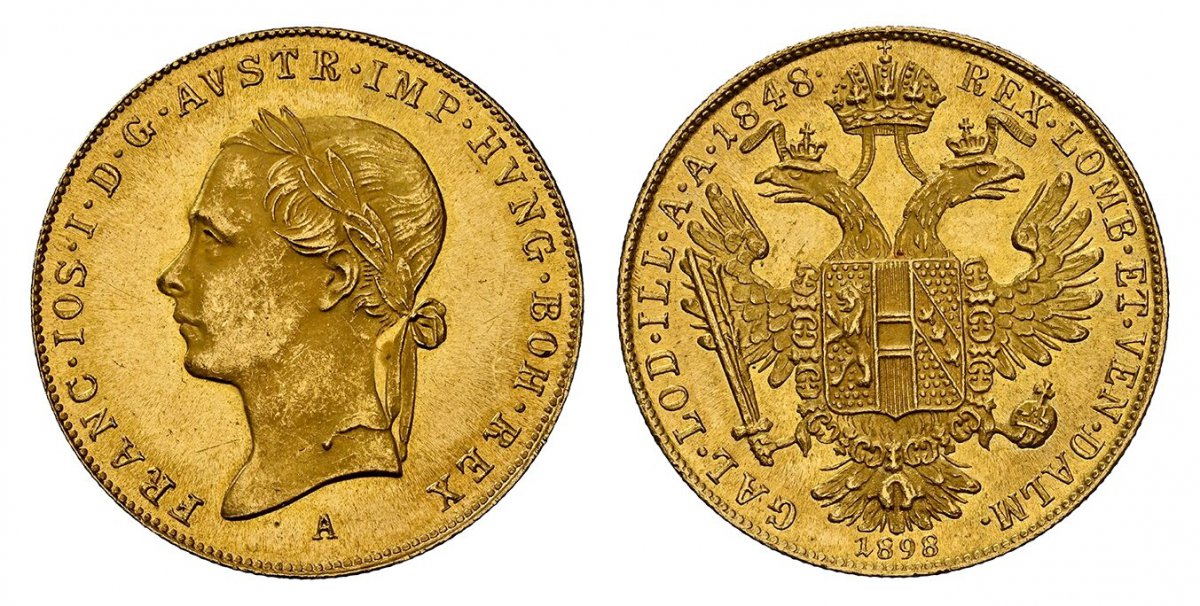 World Coins ("AUSTRIA. Franz Joseph I. 1848/1898-A AV Ducat. NGC MS63. Vienna. Laureate head left / Second date below eagle. KM 2268; Früh 1896 .
Struck for the jubilee to commemorate his 50th year of reign.
Please use this link to verify the NGC certification numb)