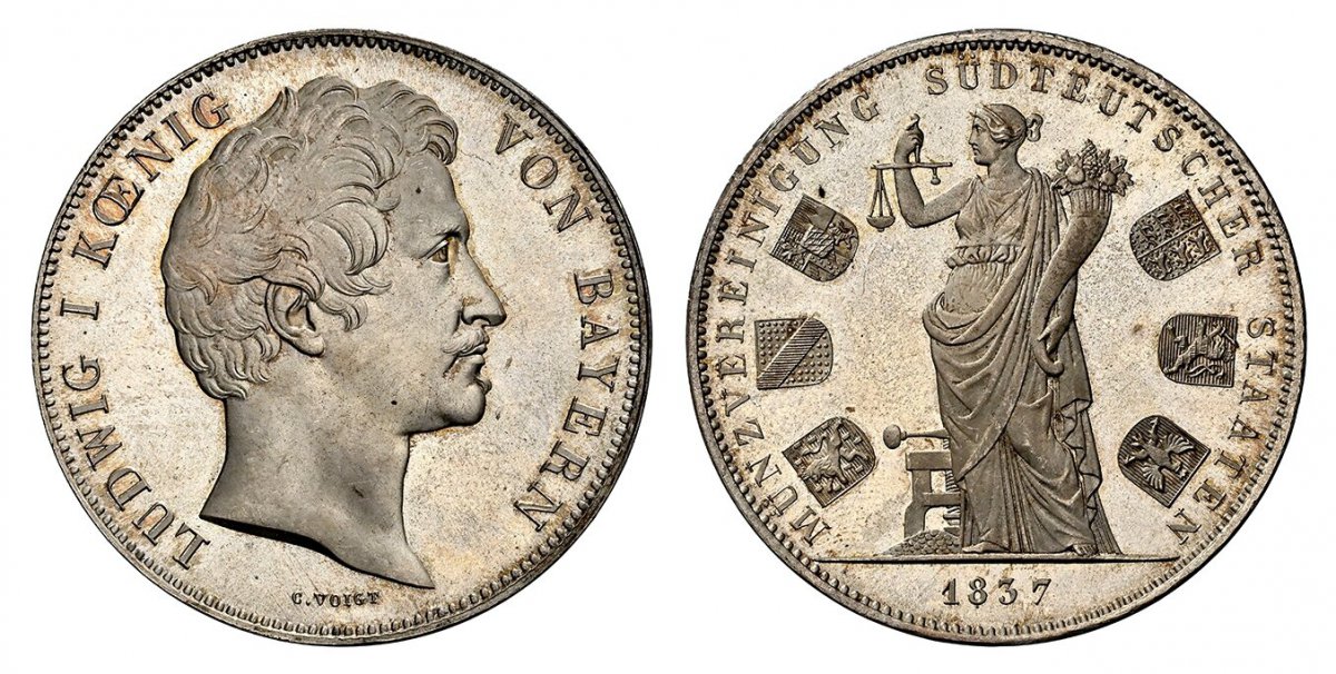 World Coins ("GERMAN STATES. Bavaria. Ludwig I. 1837 AR 2 Thaler, 3-1/2 Gulden. NGC MS66.  LUDWIG I KOENIG VON BAYERN. Head right / MUNZVEREINIGUNG SUDTEUTSCHER STAATEN. Standing female surrounded by six shields, date below. KM 792; Thu.-75 .

On the Monetary Union of)