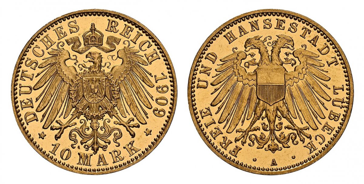 World Coins ("GERMAN STATES. Lubeck. 1909-A AV 10 Mark. NGC PR65 Cameo.  Berlin. Edge: ~ * ~. Double imperial eagle with divided shield on breast / Crowned imperial eagle, shield on breast. KM 214. Proof; Jaeger 228.

Please use this link to verify the NGC certificati)